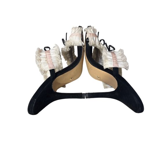 Raye 6.5 Black Heels W/ Ivory & Pink Ruffle Straps And Bow Accents - Picture 6 of 6